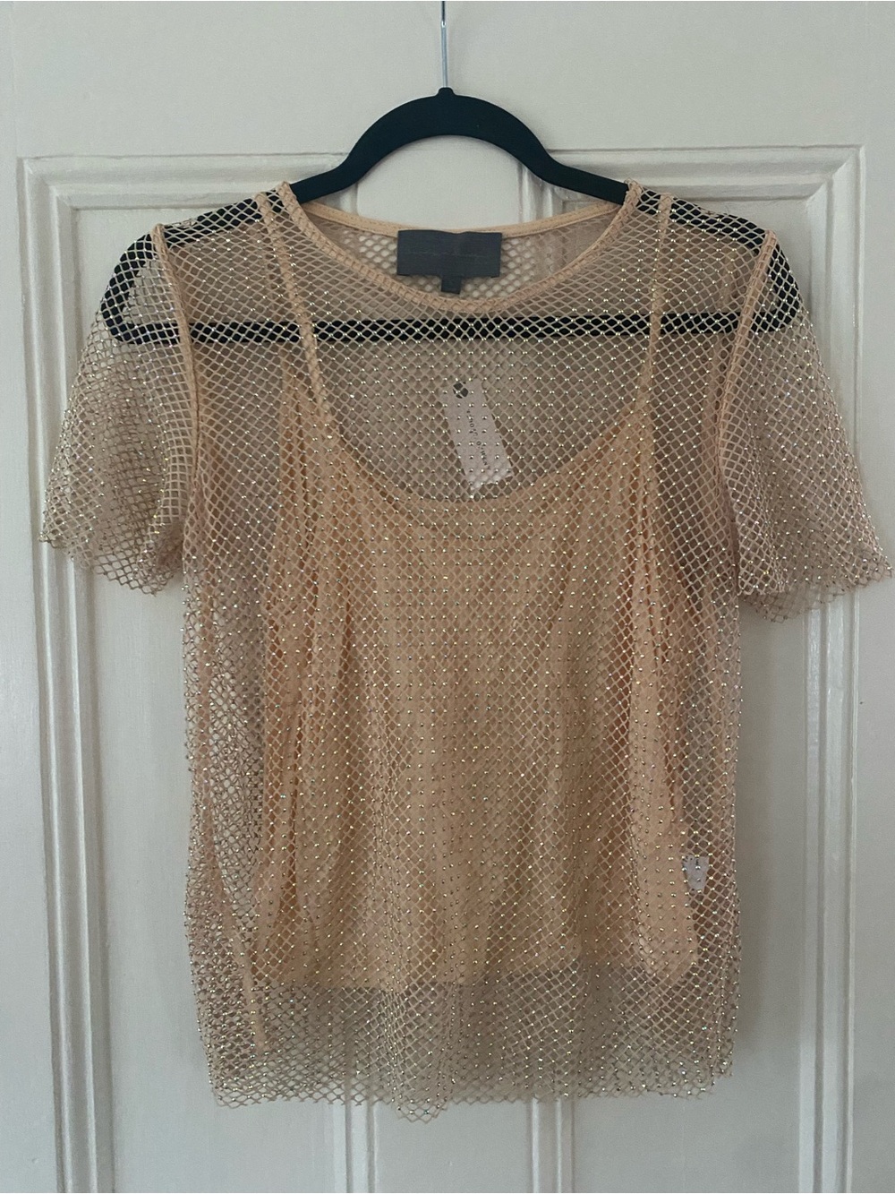 Anthropologie Beige Sheer Mesh Short Sleeve Tee - Picture 4 of 7
